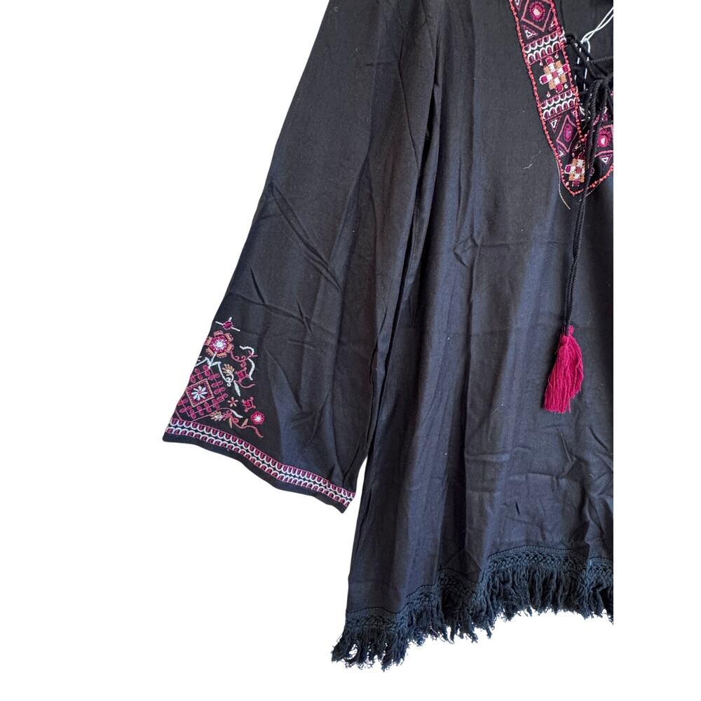 ZL Europe Black Boho Embroidered Tassel Tunic Top Fringe V Neck Size L beach - Picture 6 of 7